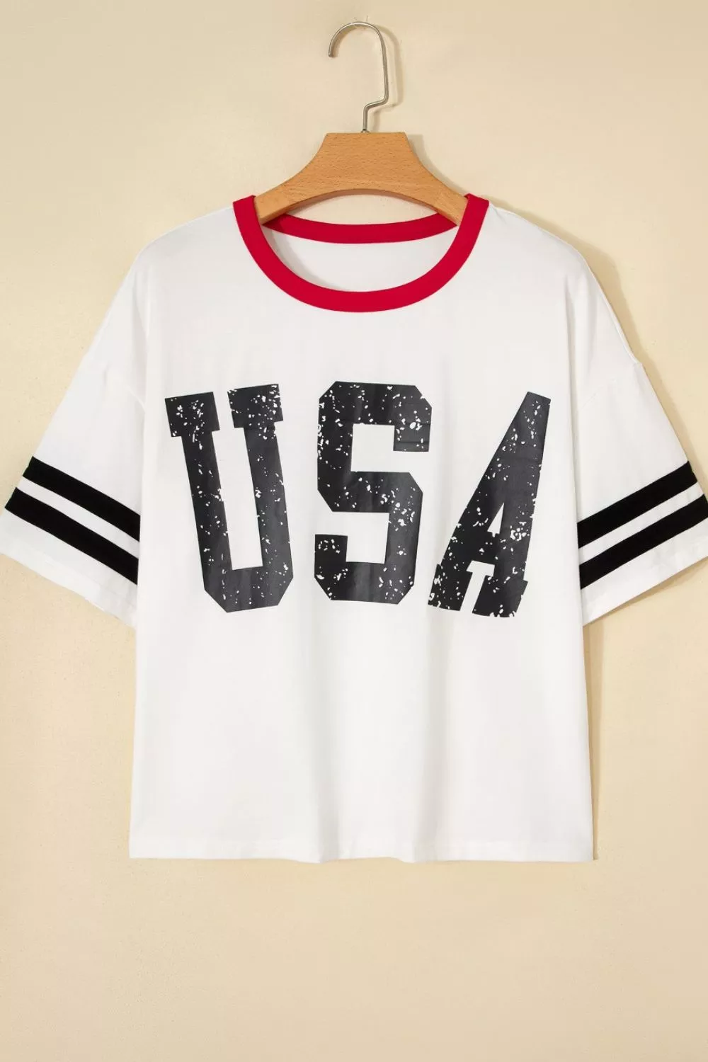 USA Letter Printed Varsity Striped Sleeve Round Neck Tee, image 5