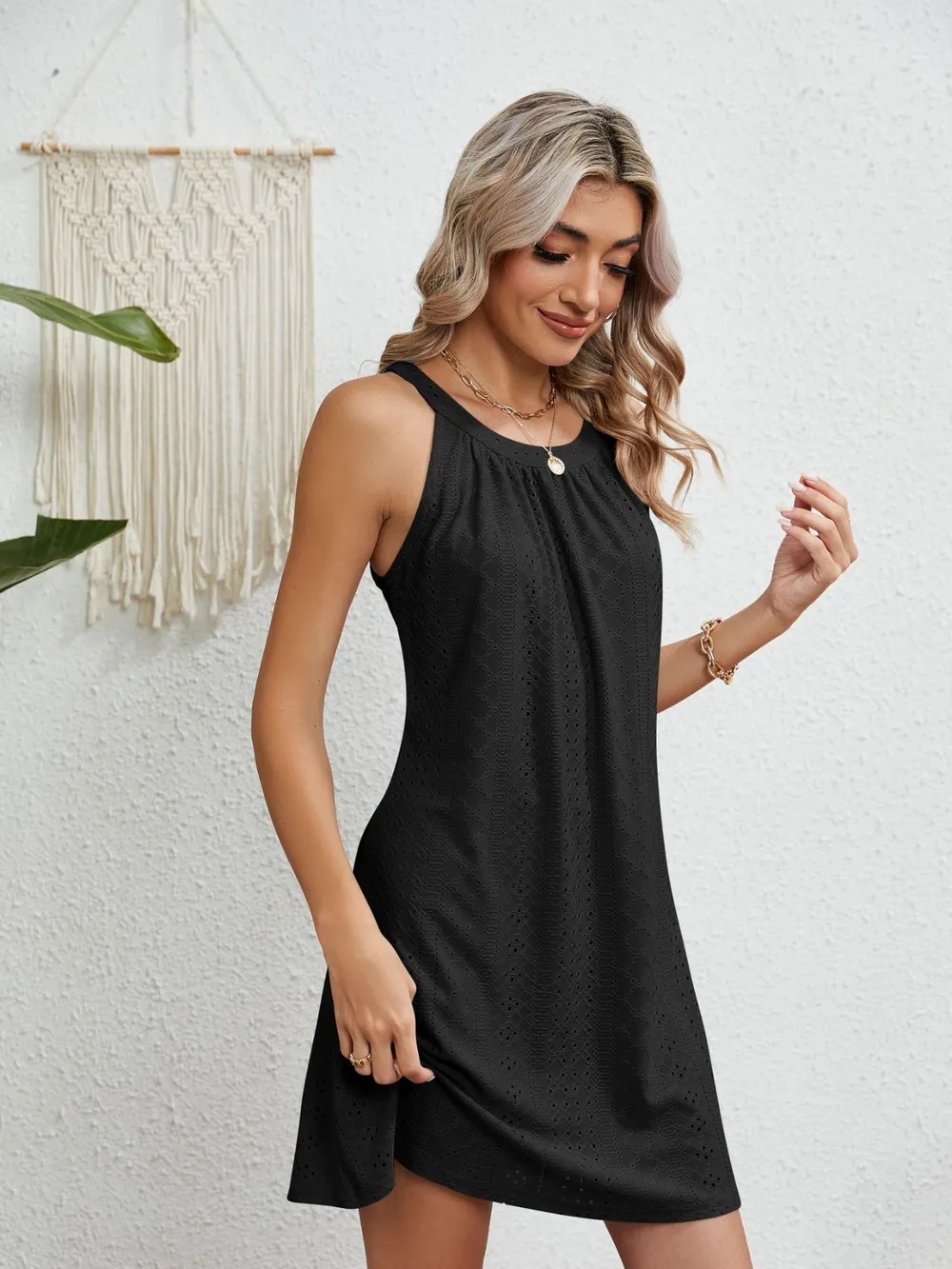 Eyelet Round Neck Sleeveless Dress, image 13