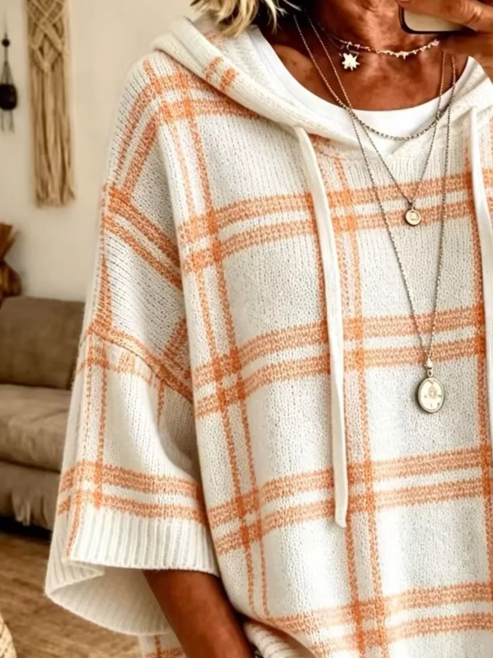 Plaid Hooded Knit Sweater, image 10