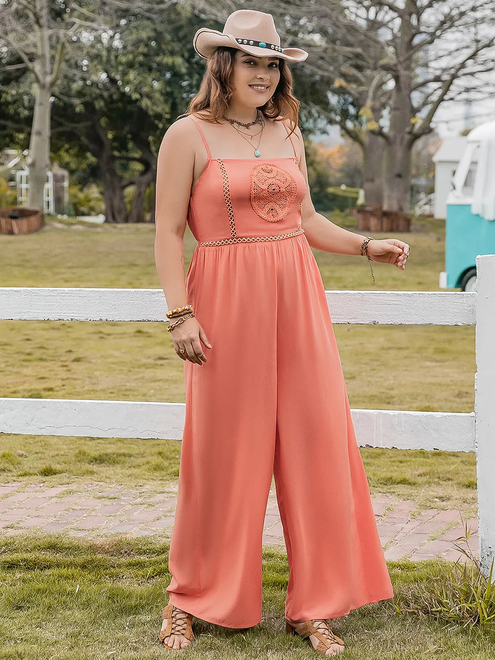 Plus Size Lace Detail Spaghetti Strap Wide Leg Jumpsuit, image 4