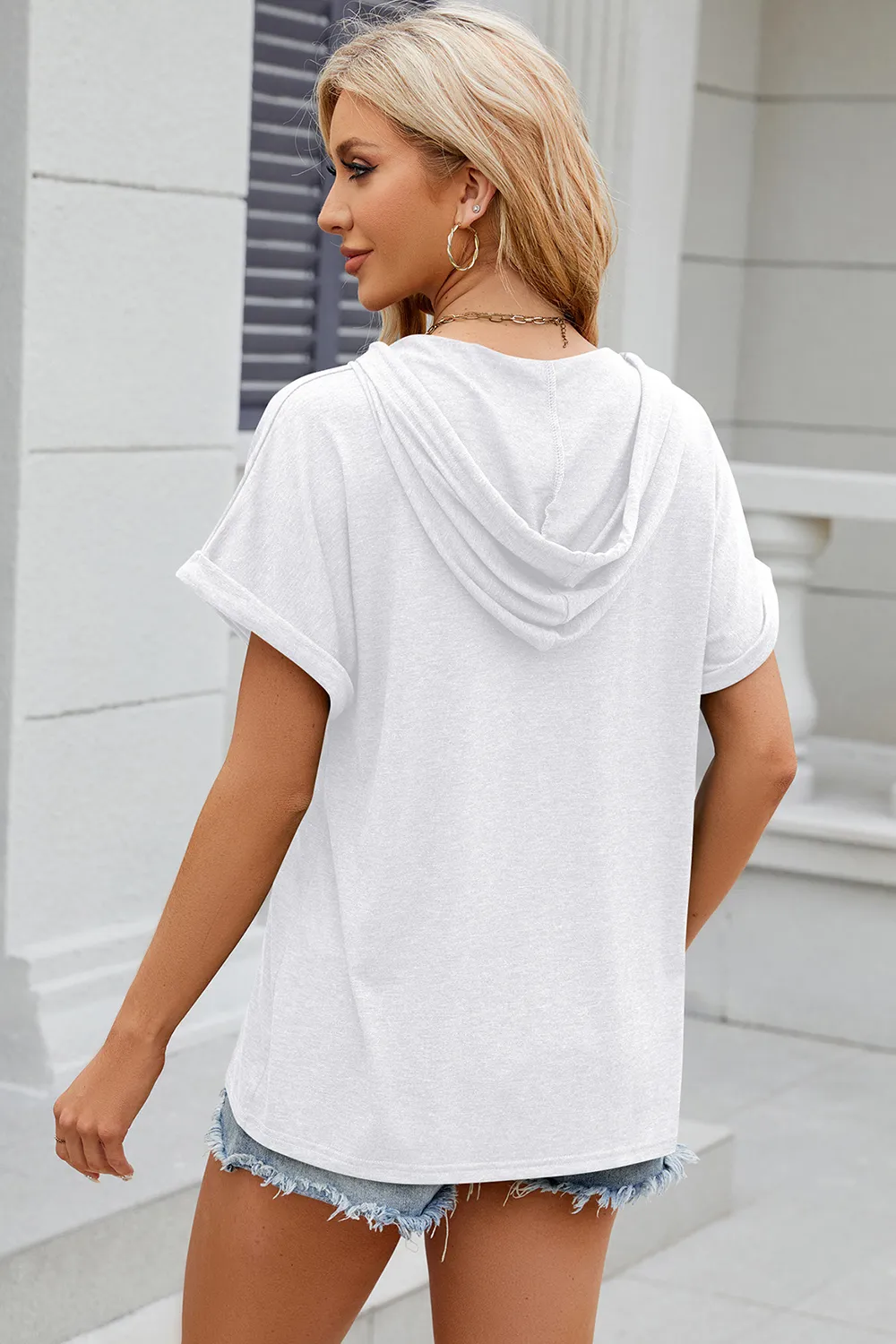 Half Button Drawstring Short Sleeve Hooded T-Shirt, image 9