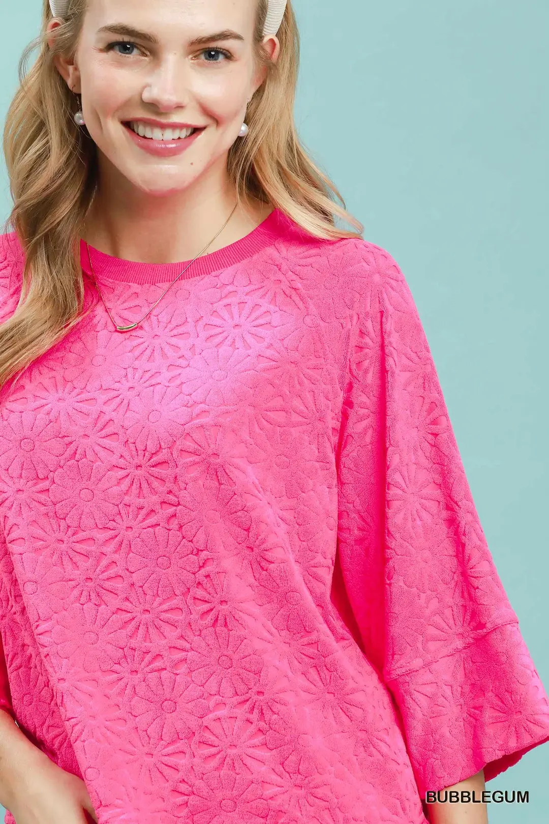 Round Neck Textured Floral Terry Blouse, image 4