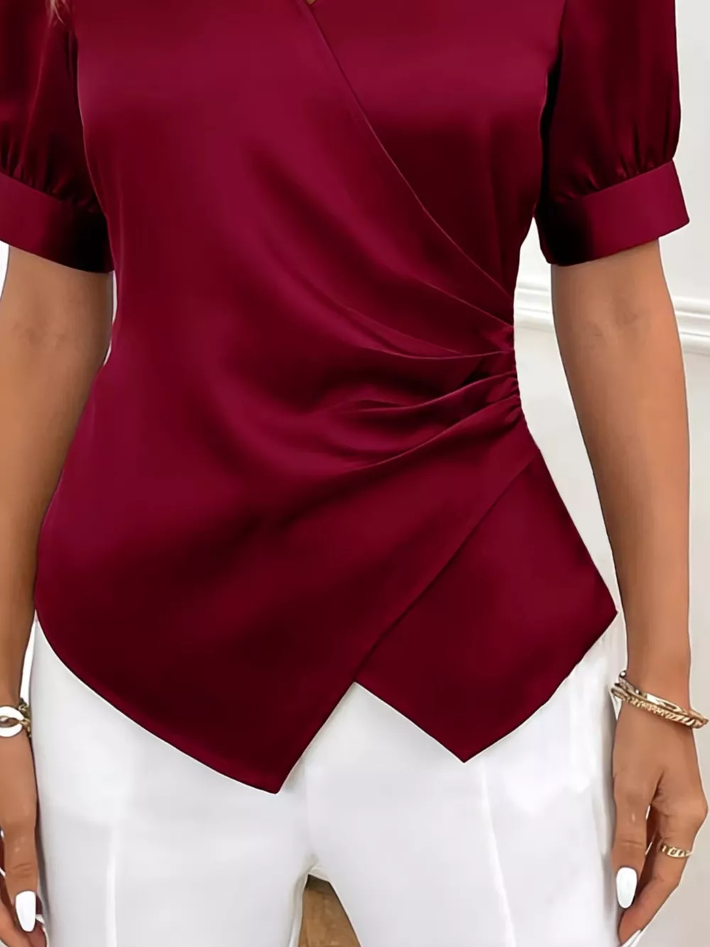 Satin Surplice Short Sleeve Blouse, image 7