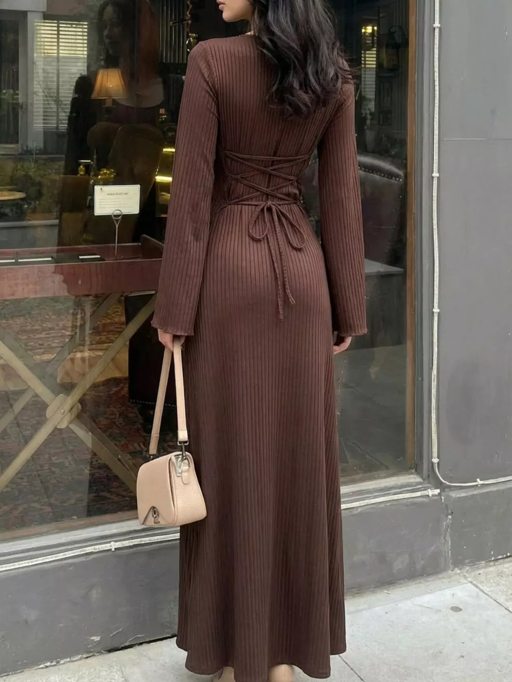 Elegant Ribbed Knit Long Sleeve Maxi Dress, image 2