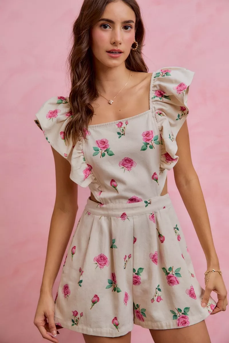 Floral Print Denim Cut Out Waist Ruffled Romper, image 8