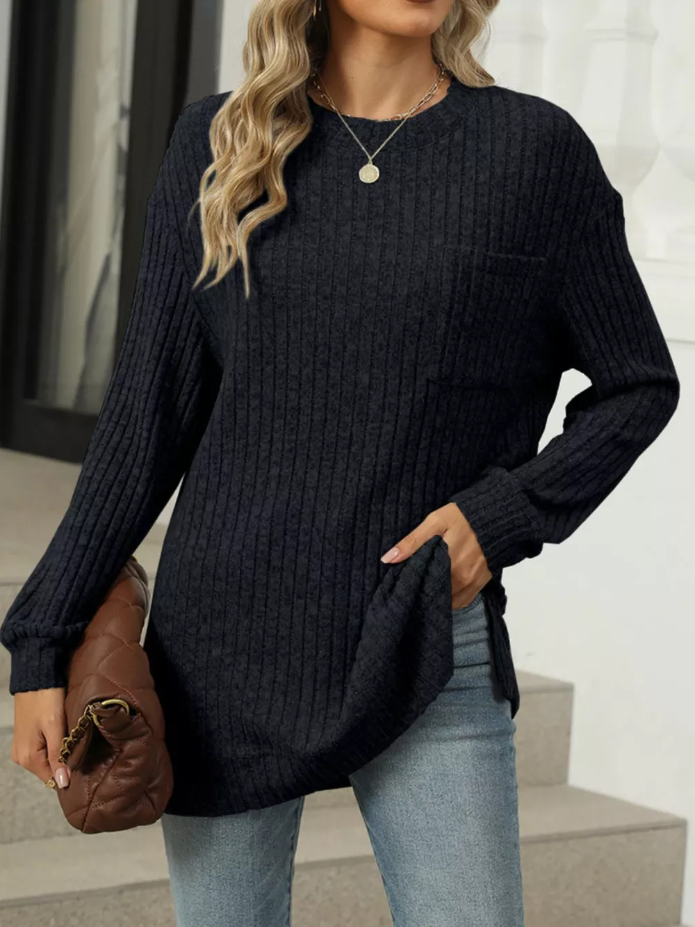 Ribbed Knit Round Neck Sweater, image 13
