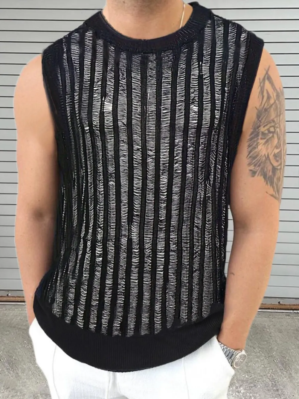 Men's Round Neck Hollow Out Sleeveless Top, image 2