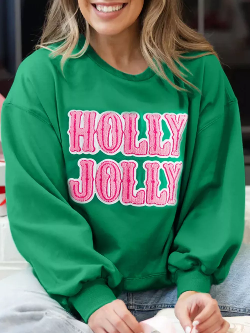 HOLLY JOLLY Towel Embroidered Christmas Holiday Sweatshirt, image 2