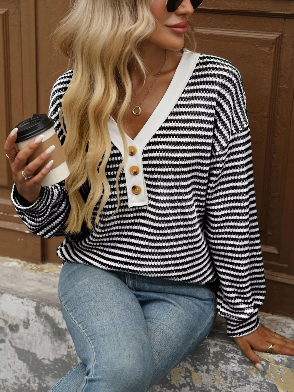 Striped Button Detail Long Sleeve T-Shirt, image 2