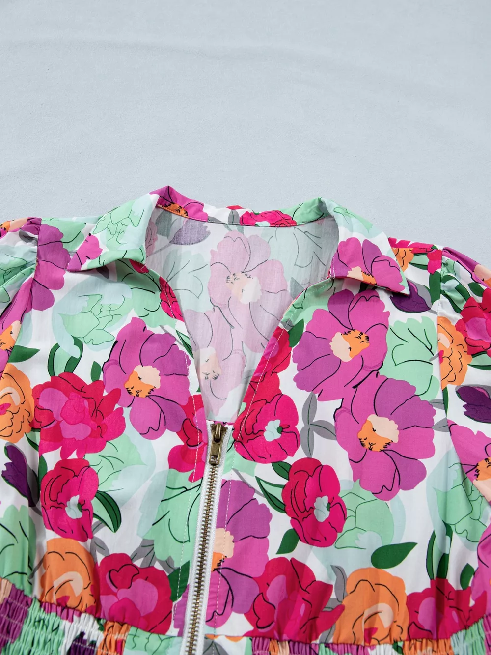 Vibrant Floral Print V Neck Zip Up Puffy Half Sleeve Dress, image 7