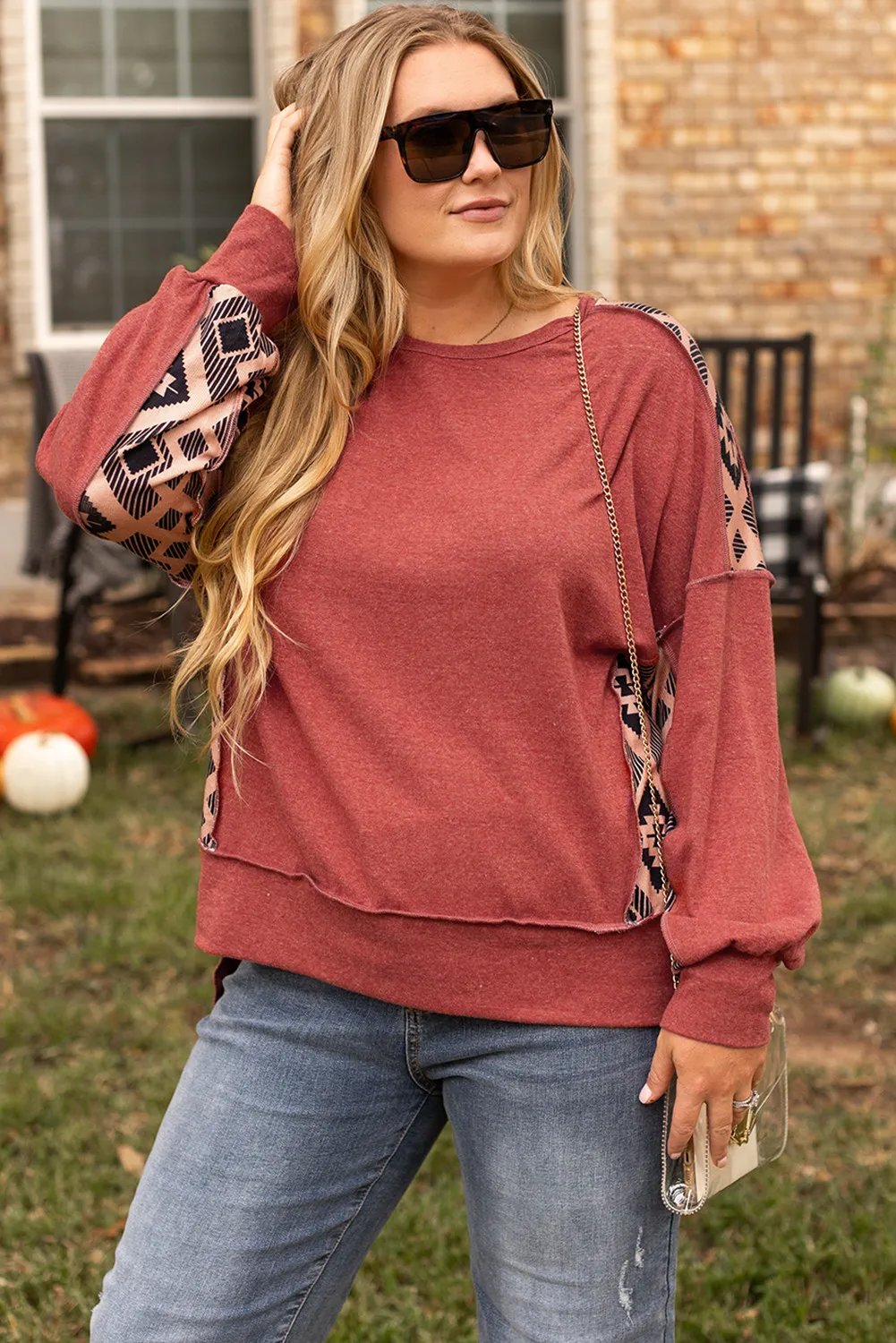 Plus Size Geometric Round Neck Long Sleeve Sweatshirt, image 2