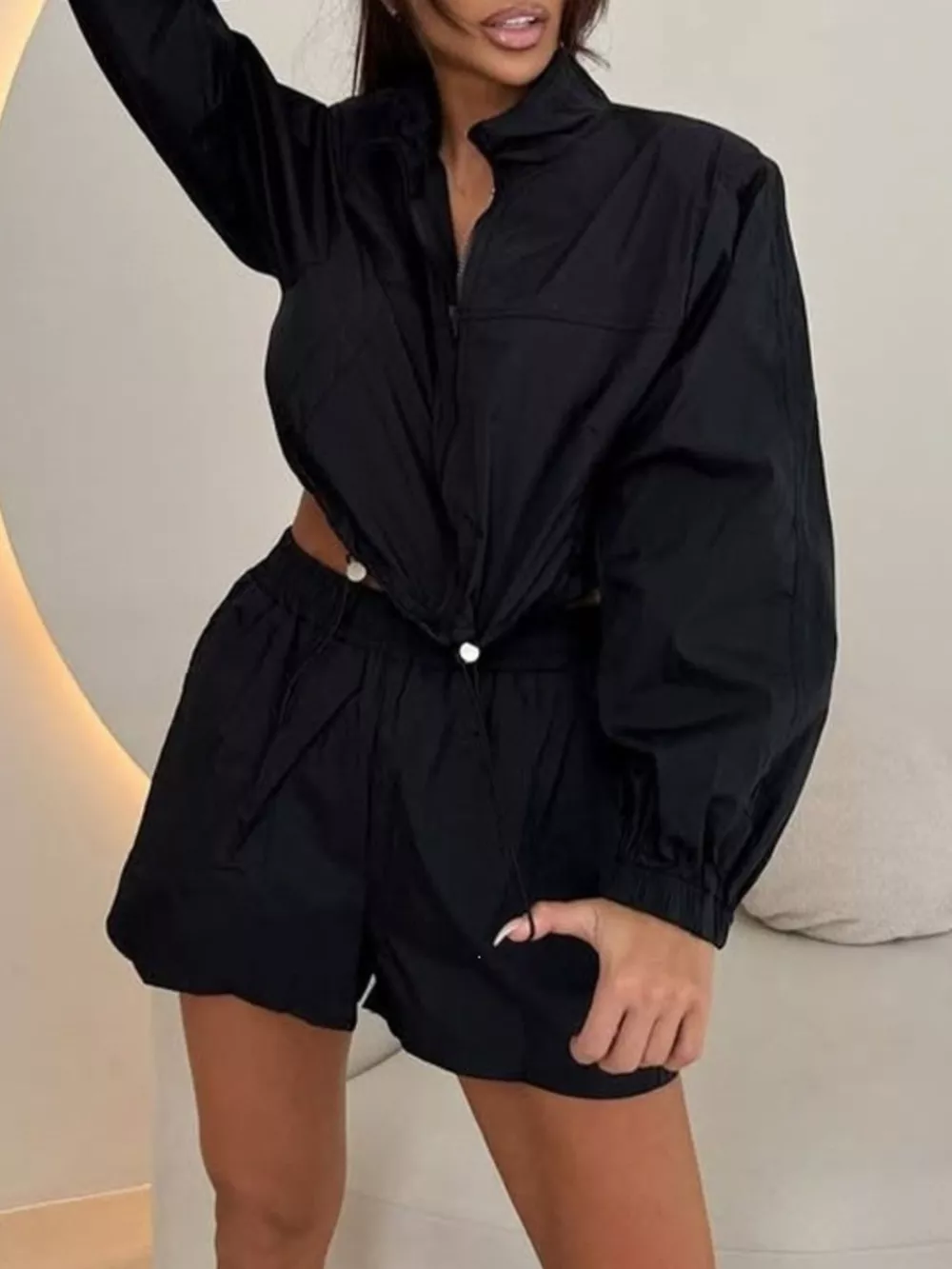 Zip-Up Crop Jacket and High-Waisted Shorts Set, image 10