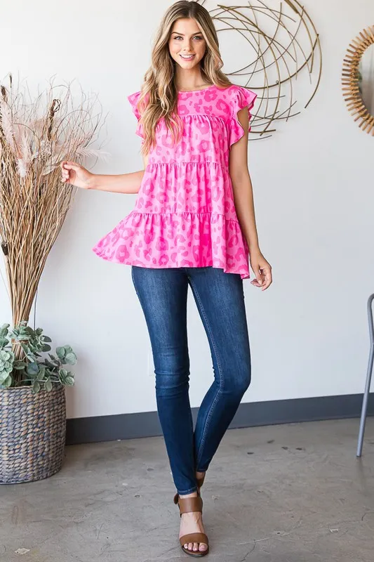 Full Size Tiered Leopard Round Neck Blouse with Ruffled Detail Plus Size, image 3
