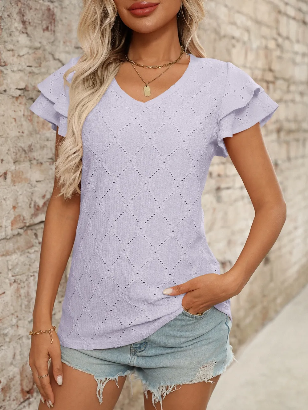 Eyelet V-Neck Ruffled Cap Sleeve Top, image 16