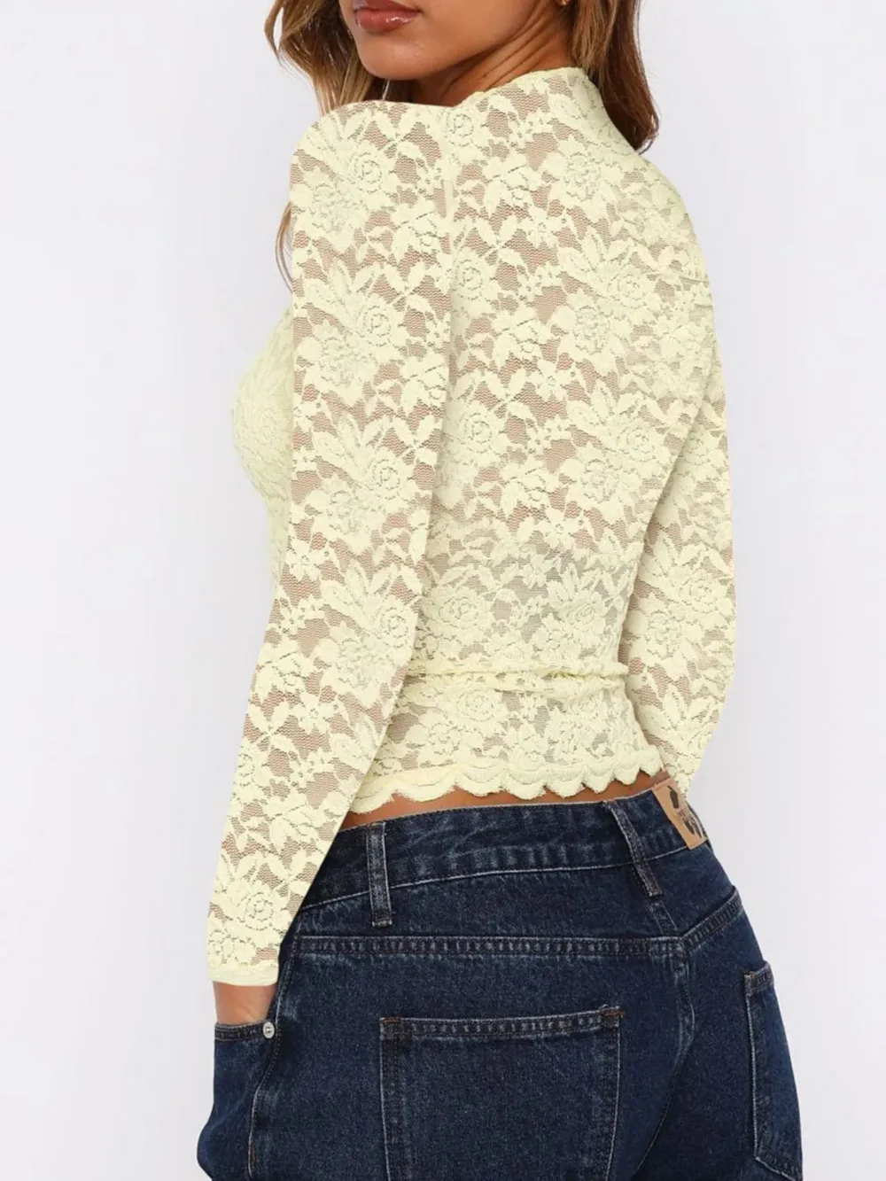Floral Lace Long Sleeve Deep V-Neck Blouse with Scalloped Hem, image 18