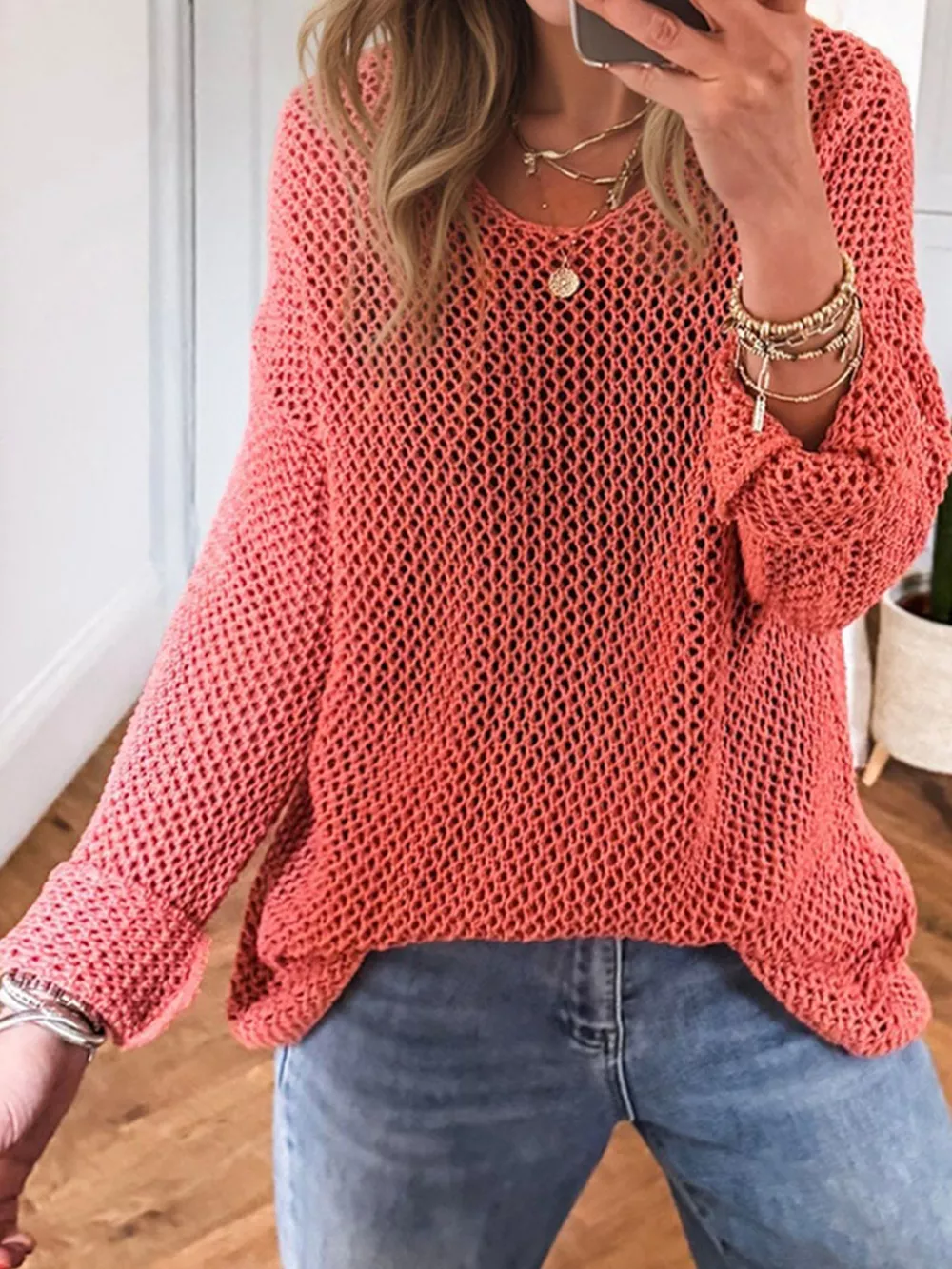 Crochet Hollow Out Long Sleeve Knit Top, image 2