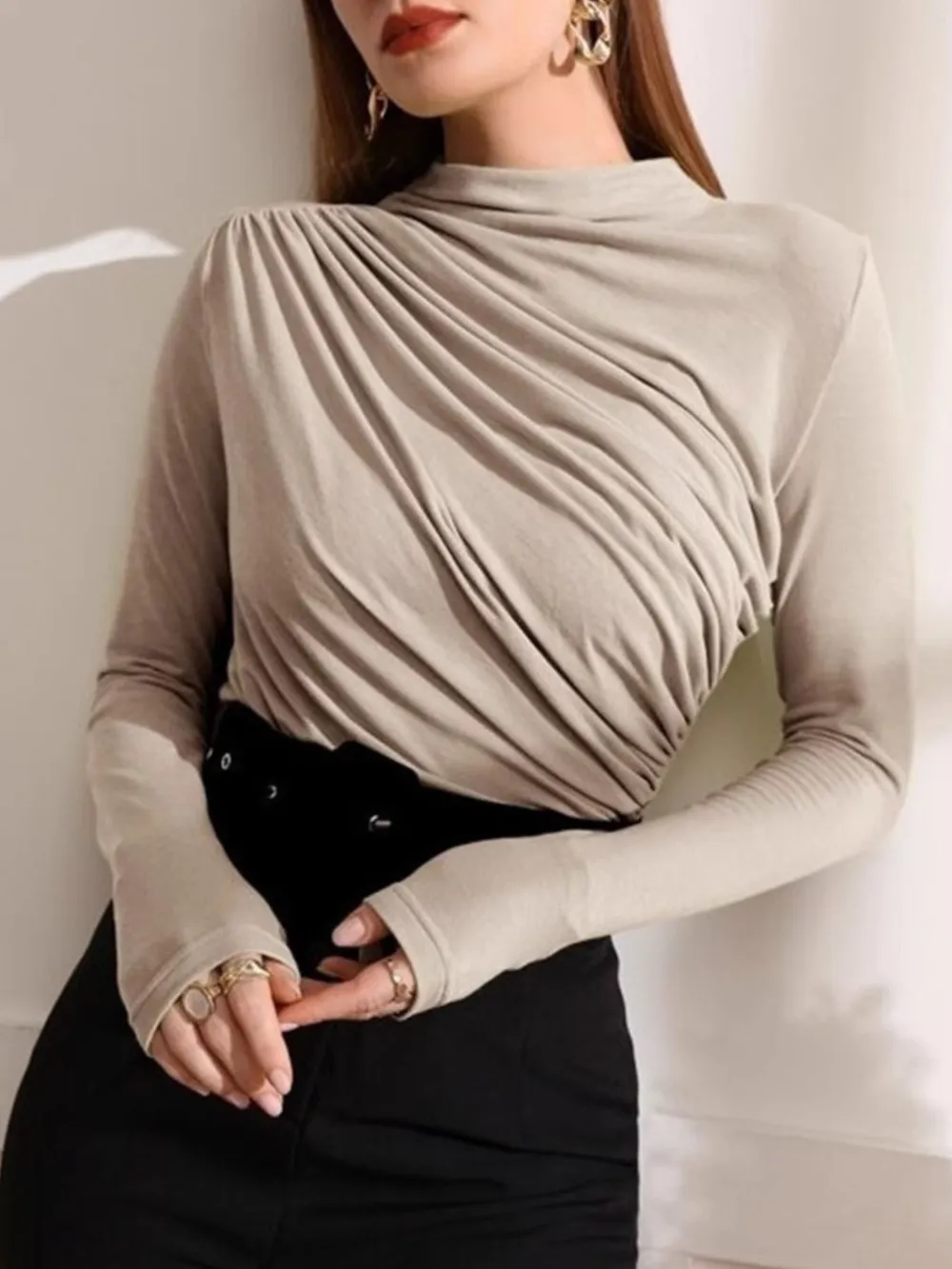 Mock Neck Ruched Long Sleeve T-Shirt, image 2