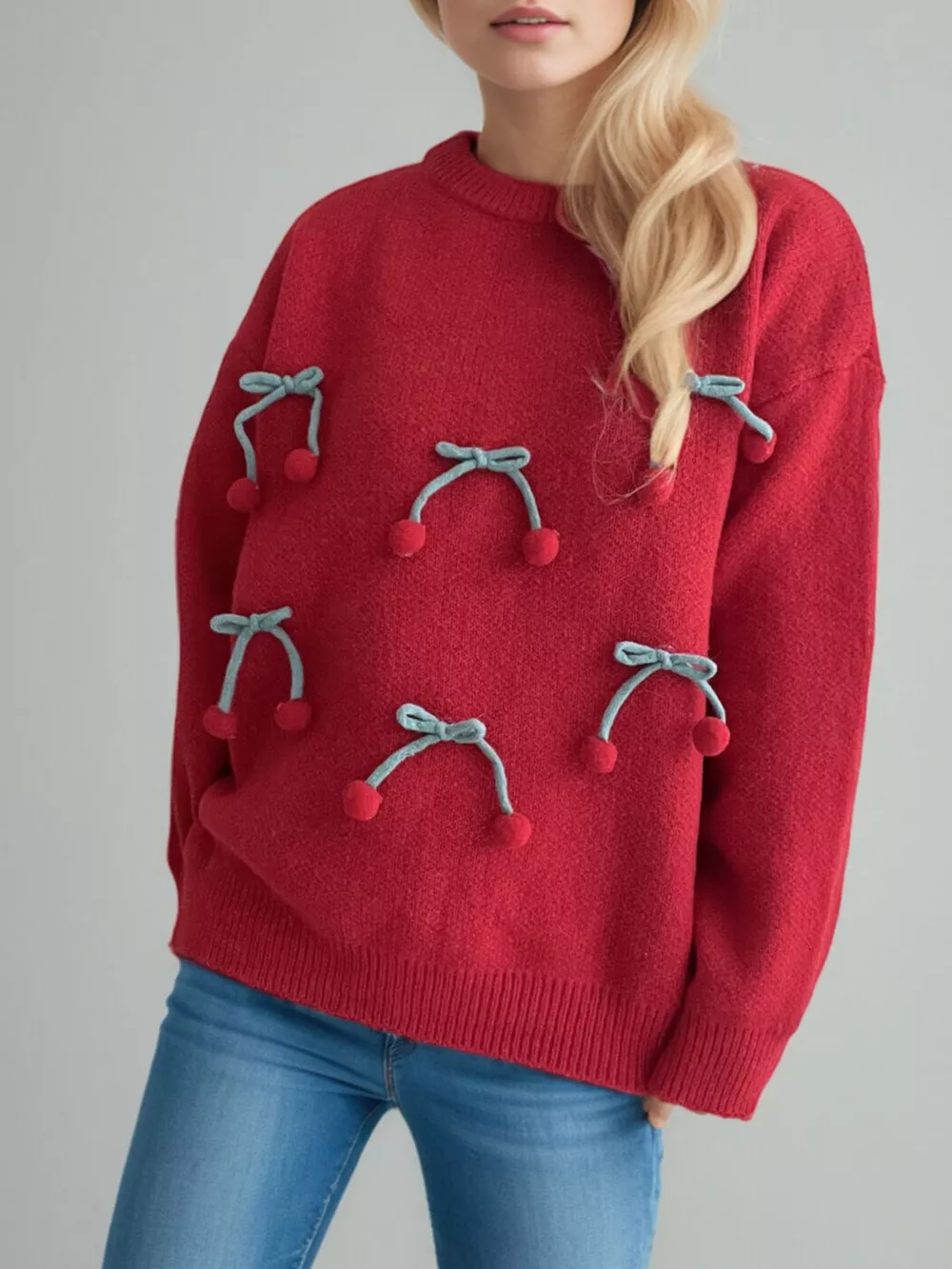 Cherry Pom-Pom Knit Round Neck Sweater, image 14