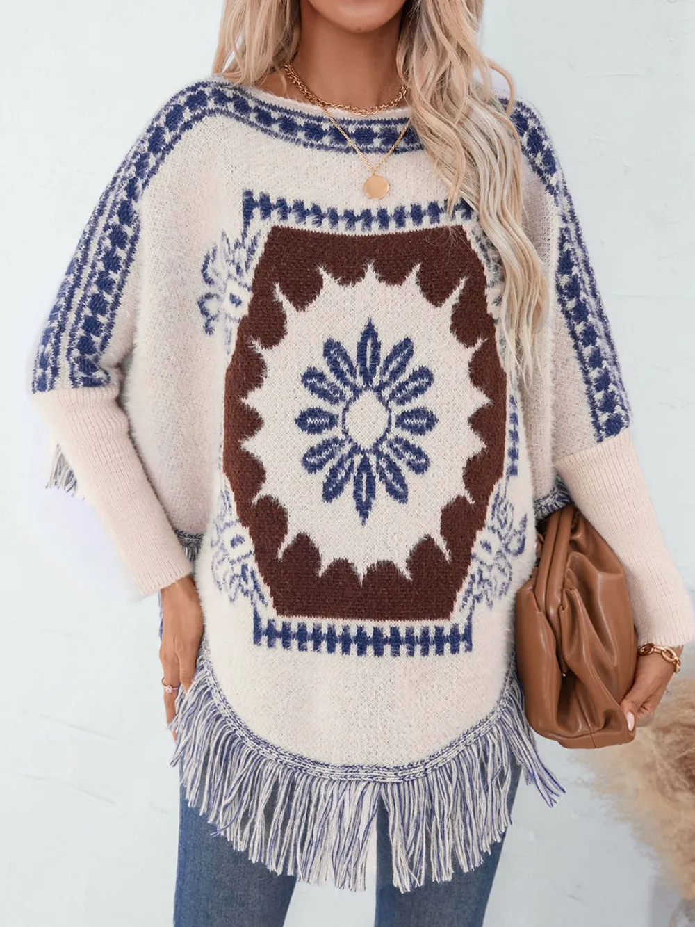 Fringe Geometric Long Sleeve Poncho, image 4