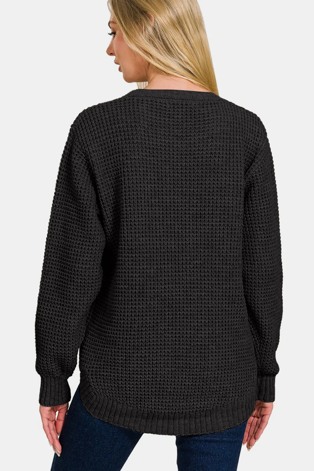 High Low Long Sleeve Waffle Sweater, image 2