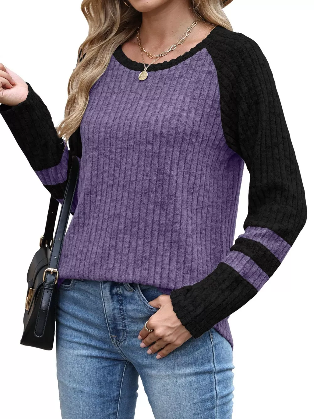 Ribbed Knit Raglan Long Sleeve T-Shirt, image 5