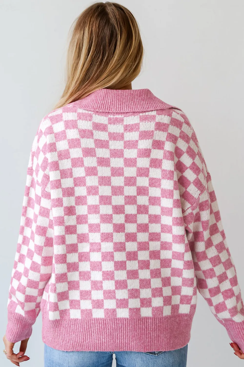 Checkered Collared Neck Long Sleeve Sweater, image 12