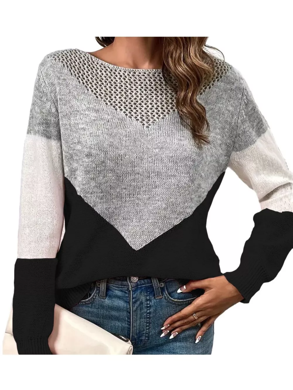 Openwork Color Block Long Sleeve Sweater