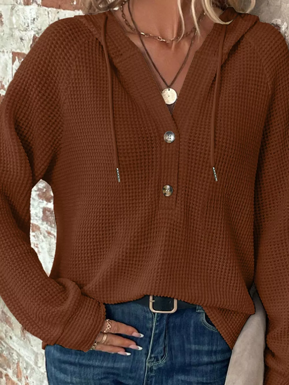 Waffle Knit Hooded Top with Drawstring, image 7