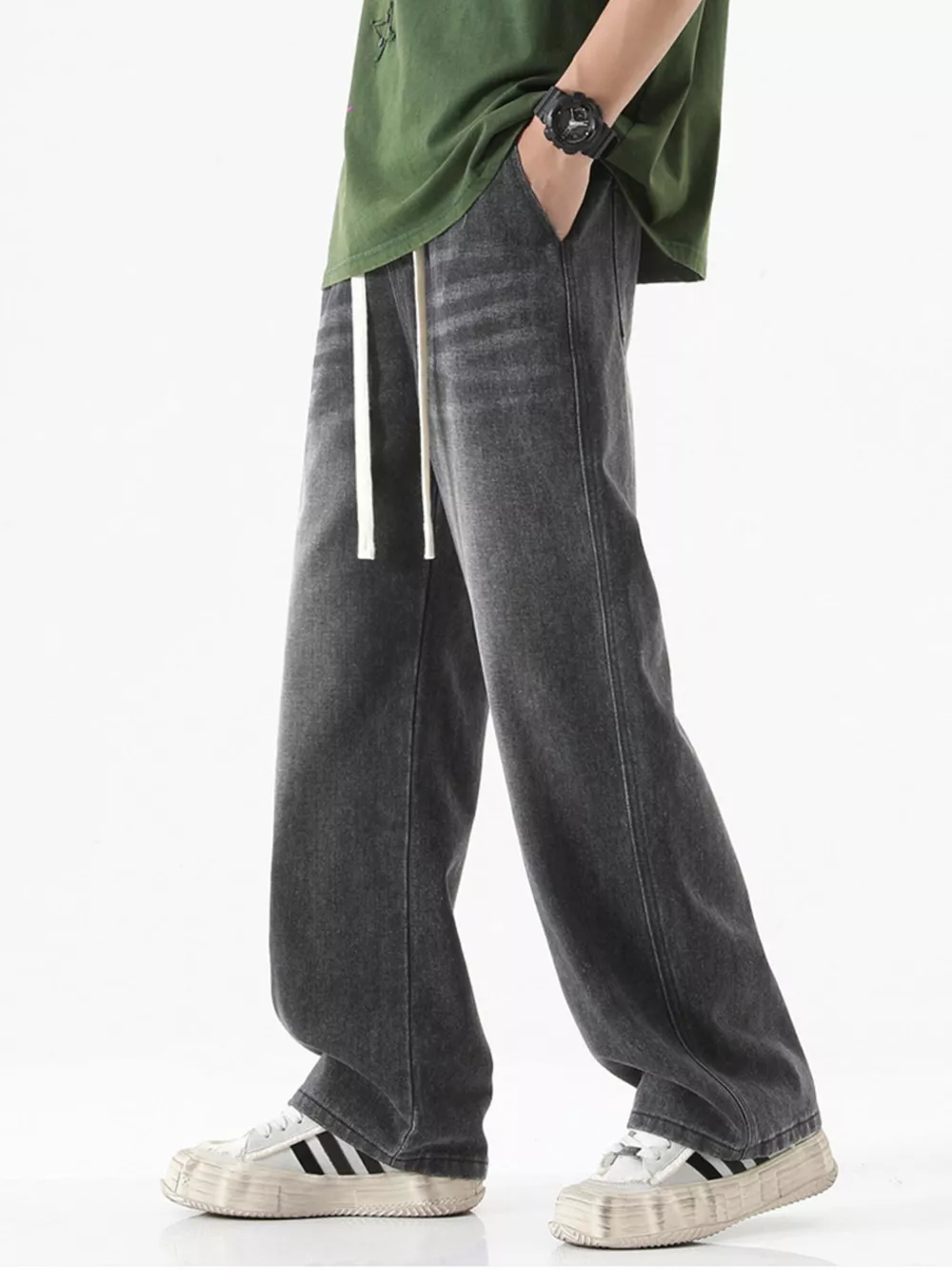 Men's Full Size Drawstring Wash Wide Leg Jeans Plus Size, image 3