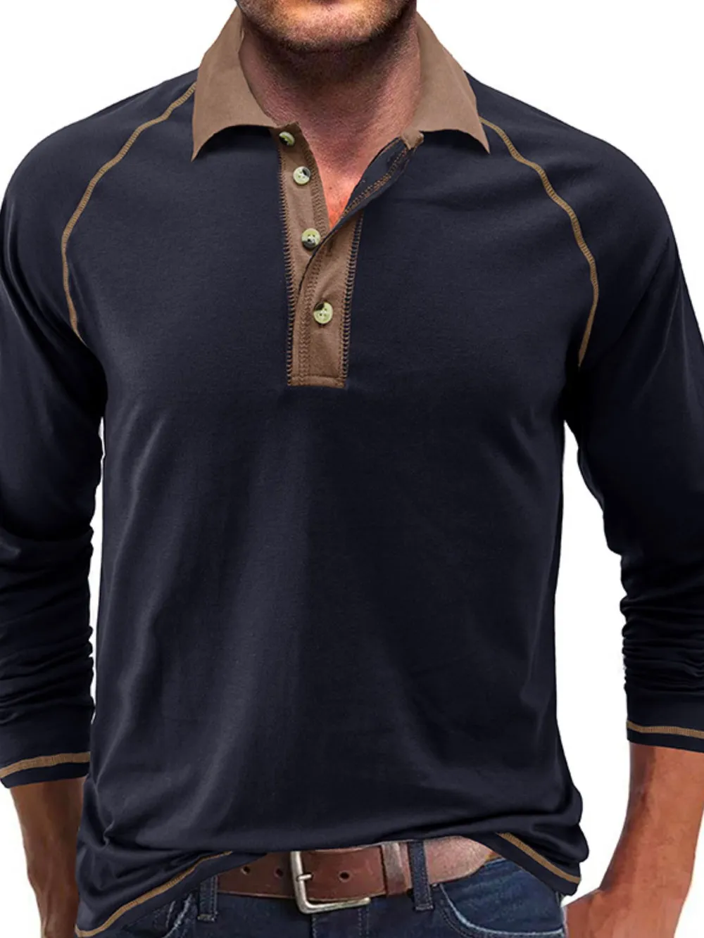 Men's Contrast Collar Long Sleeve Polo Shirt, image 11