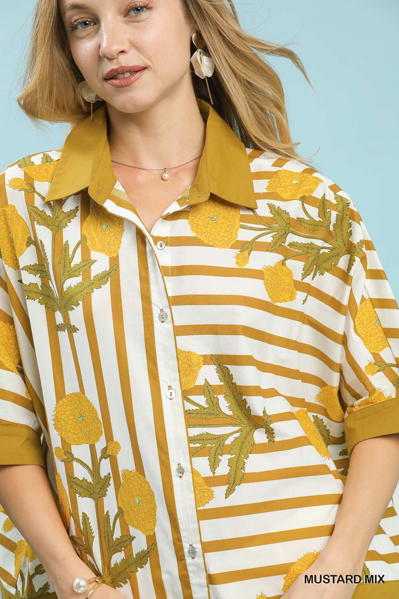 Mix Floral Stripe Button Down Top, image 3