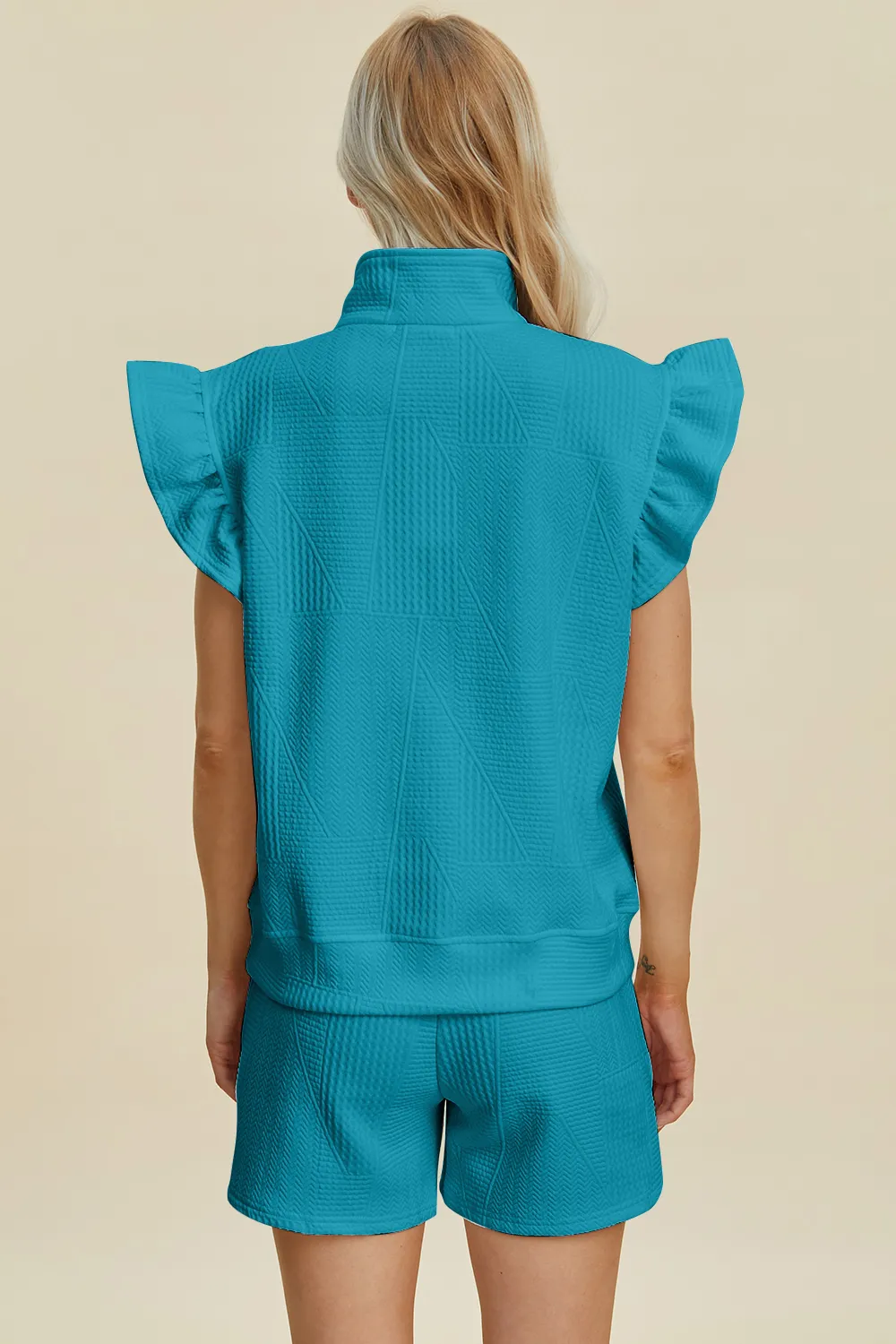 Full Size Texture Flounce Sleeve Top and Shorts Set, image 8