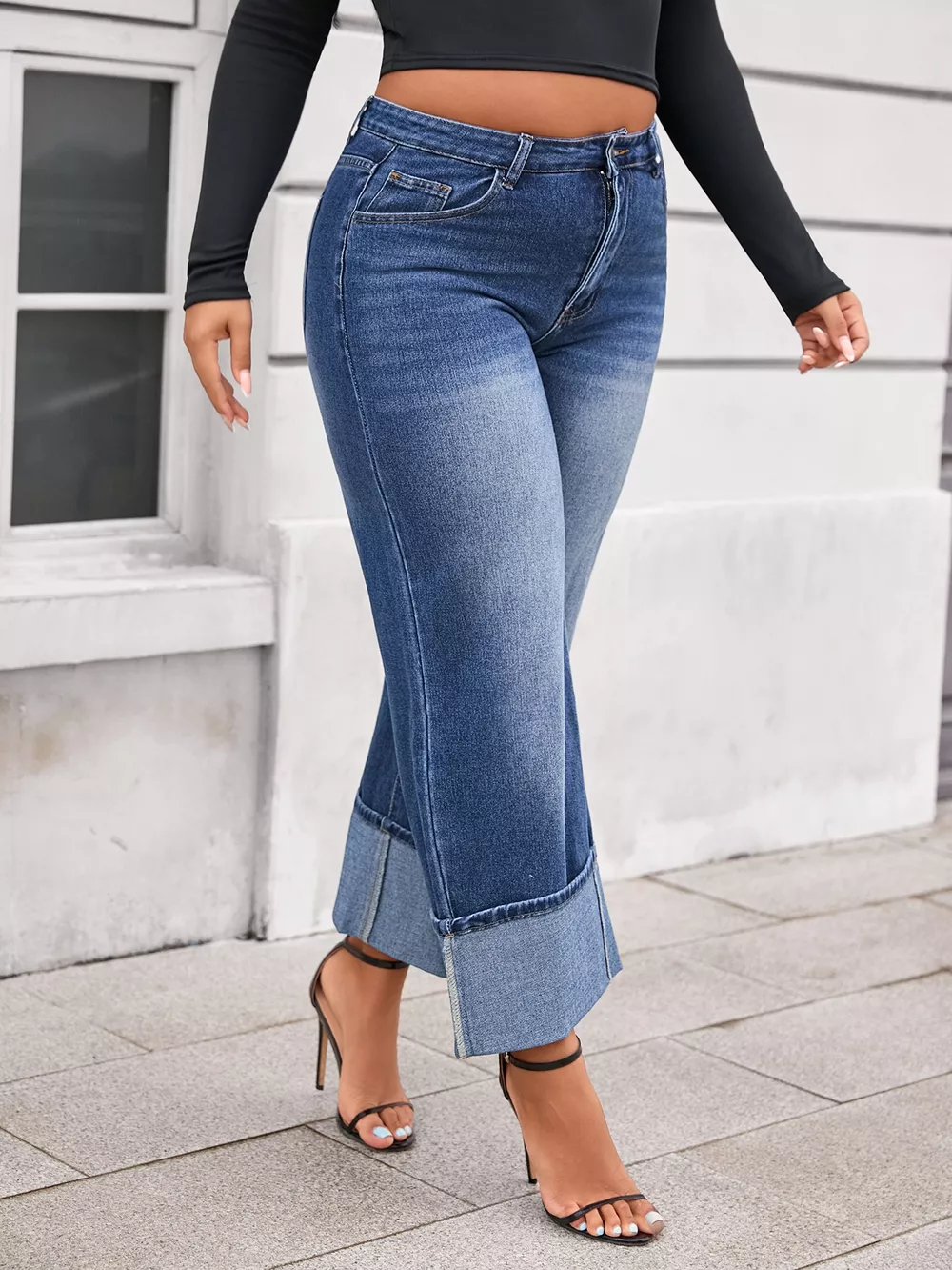 Plus Size High Waist Cuffed Wide Leg Jeans, image 2
