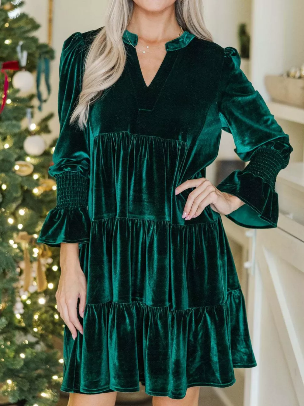 Velvet Tiered Notched Mini Dress, image 2