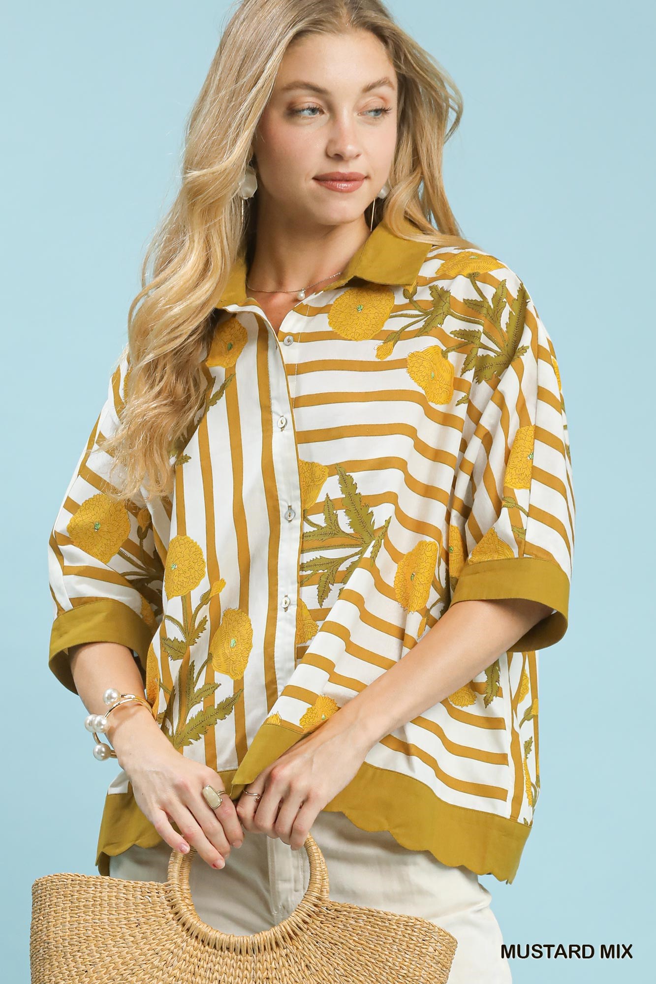 Mix Floral Stripe Button Down Top