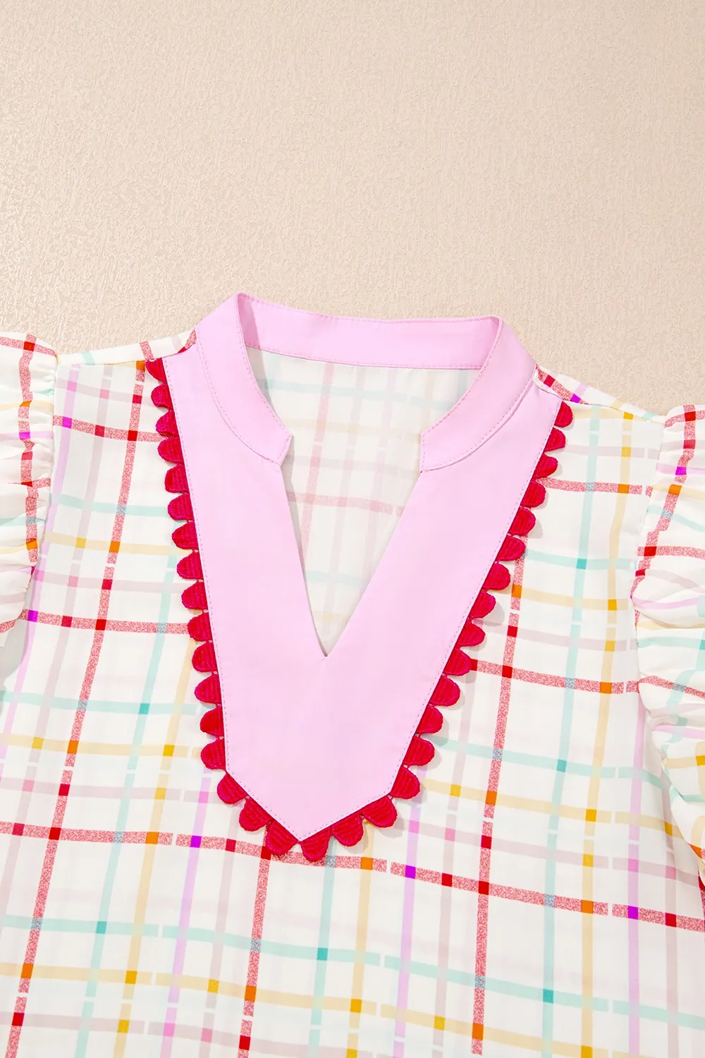 Plaid Flutter Sleeve Ric Rac Split V Neck Blouse, image 3
