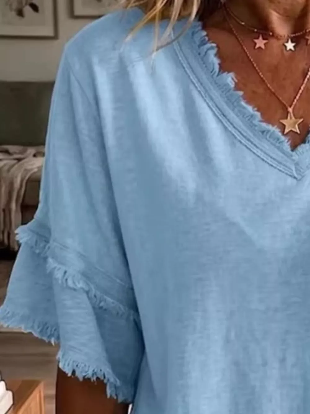 Full Size Frayed Edge V-Neck Blouse Plus Size, image 6