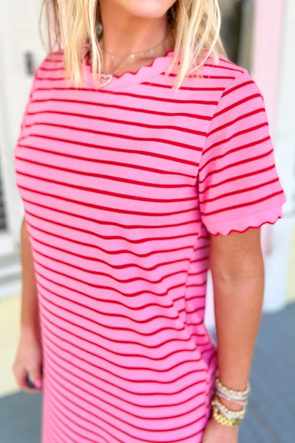 Stripe Striped Short Sleeve Scalloped Trim Side Slit Maxi Tee Dress, image 5