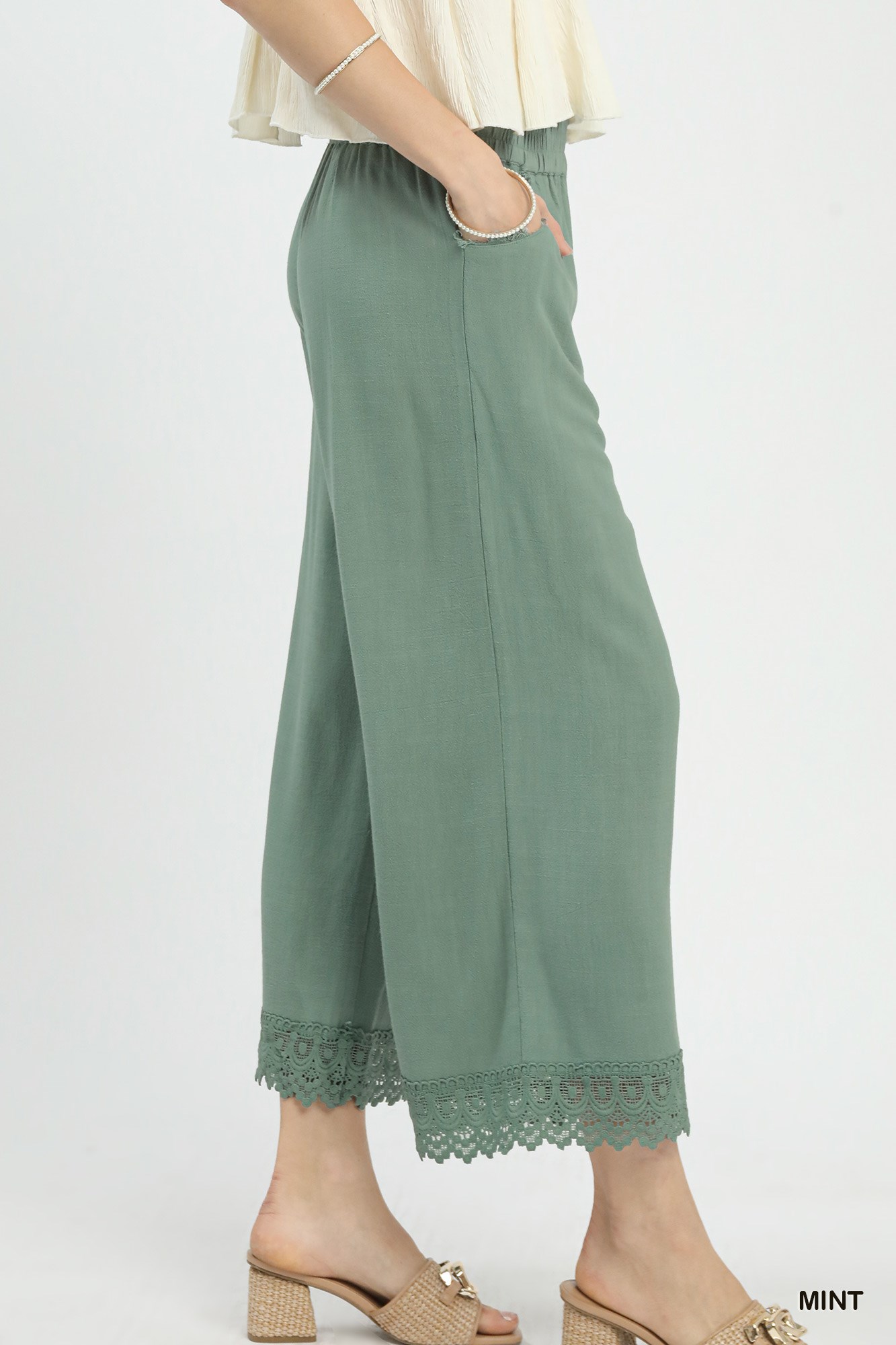 Linen Wide Leg Cropped Pants with Lace Trim, image 2