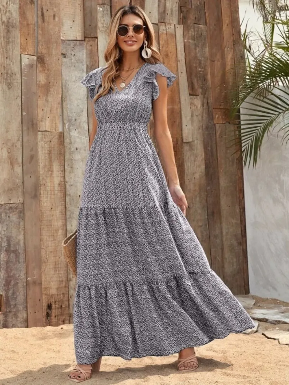 Printed V-Neck Ruffled Cap Sleeve Maxi Dress, image 3