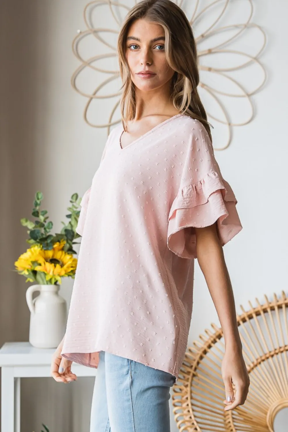 Full Size Swiss Dot Ruffle Short Sleeve Top, image 6