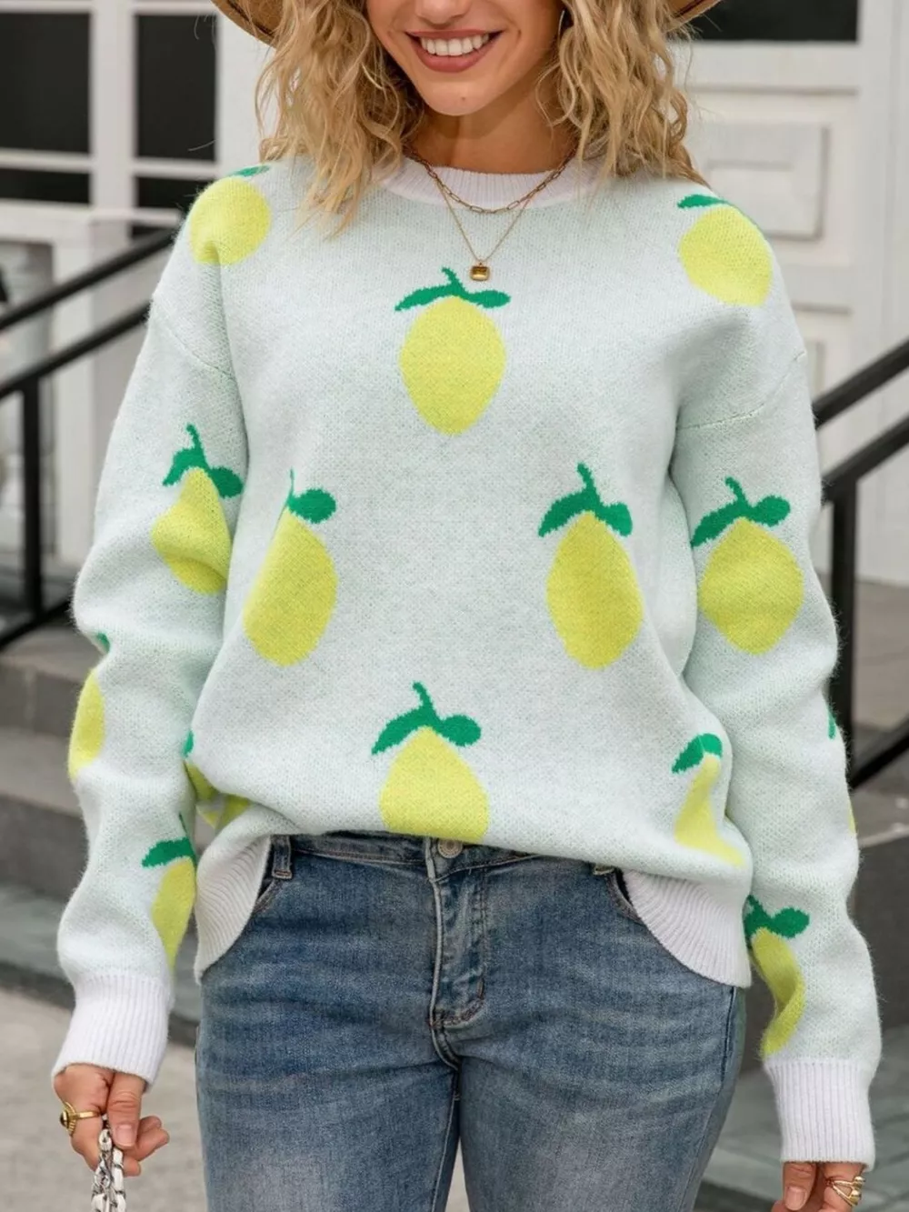 Lemon Crew Neck Round Neck Sweater, image 3