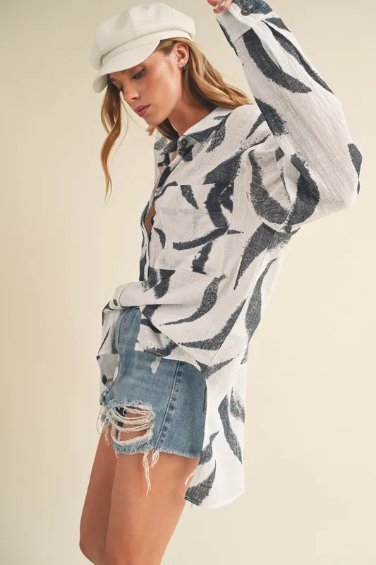 High-Low Printed Button Up Long Sleeve Shirt, image 5