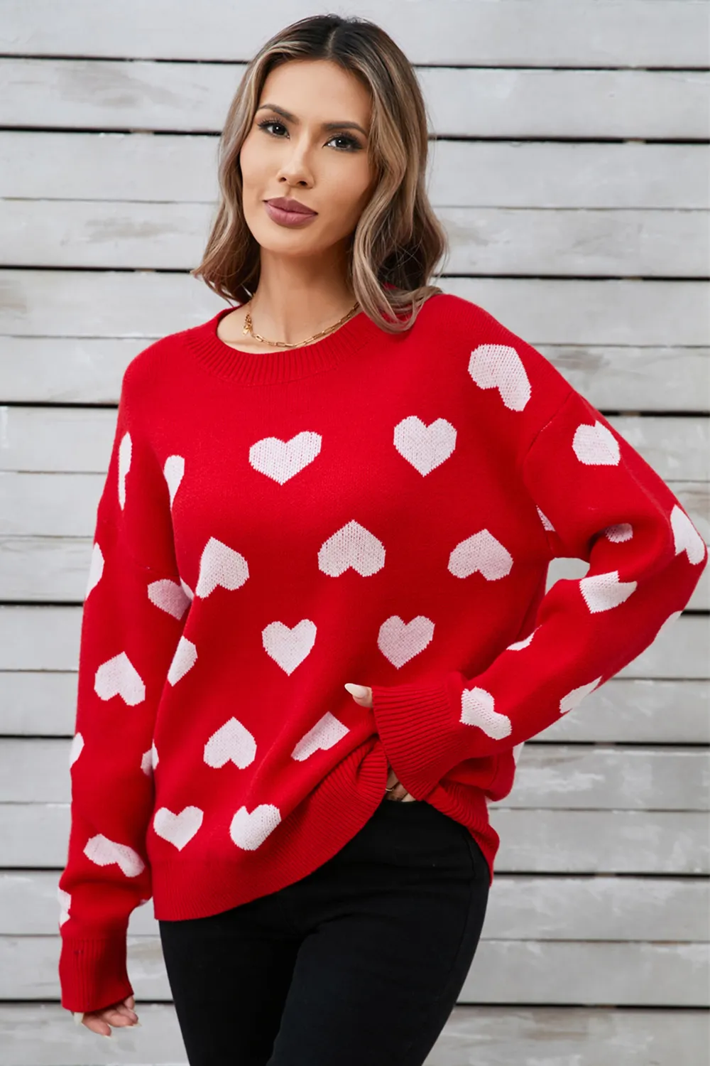 Heart Round Neck Long Sleeve Sweater, image 4