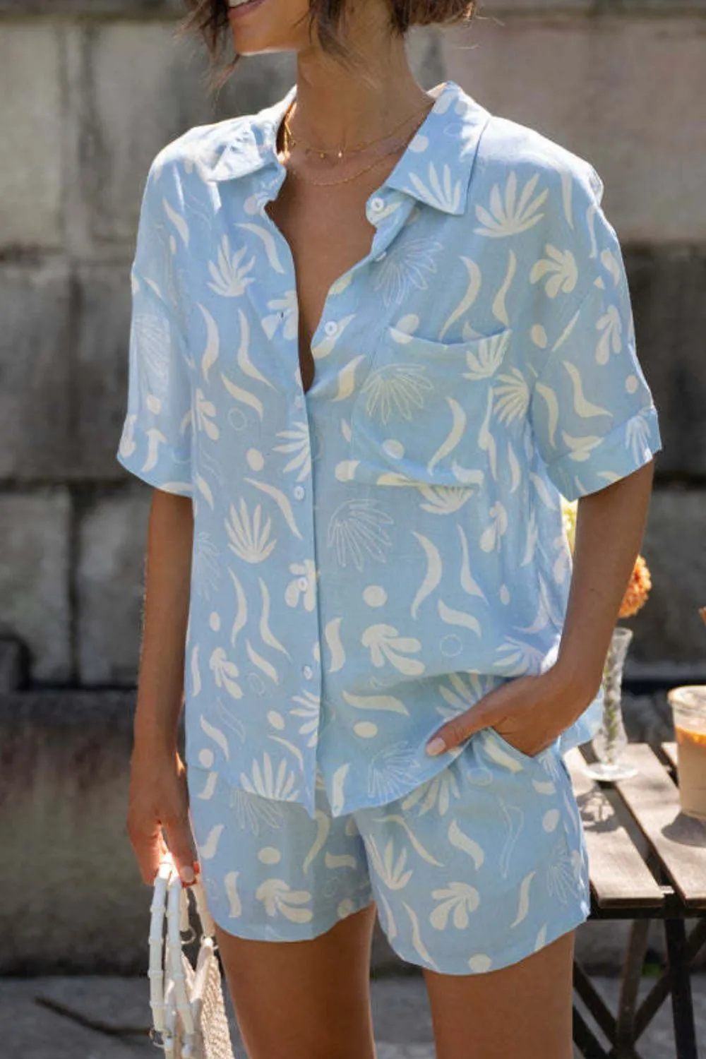 Printed Collared Neck Top and Shorts Set, image 2