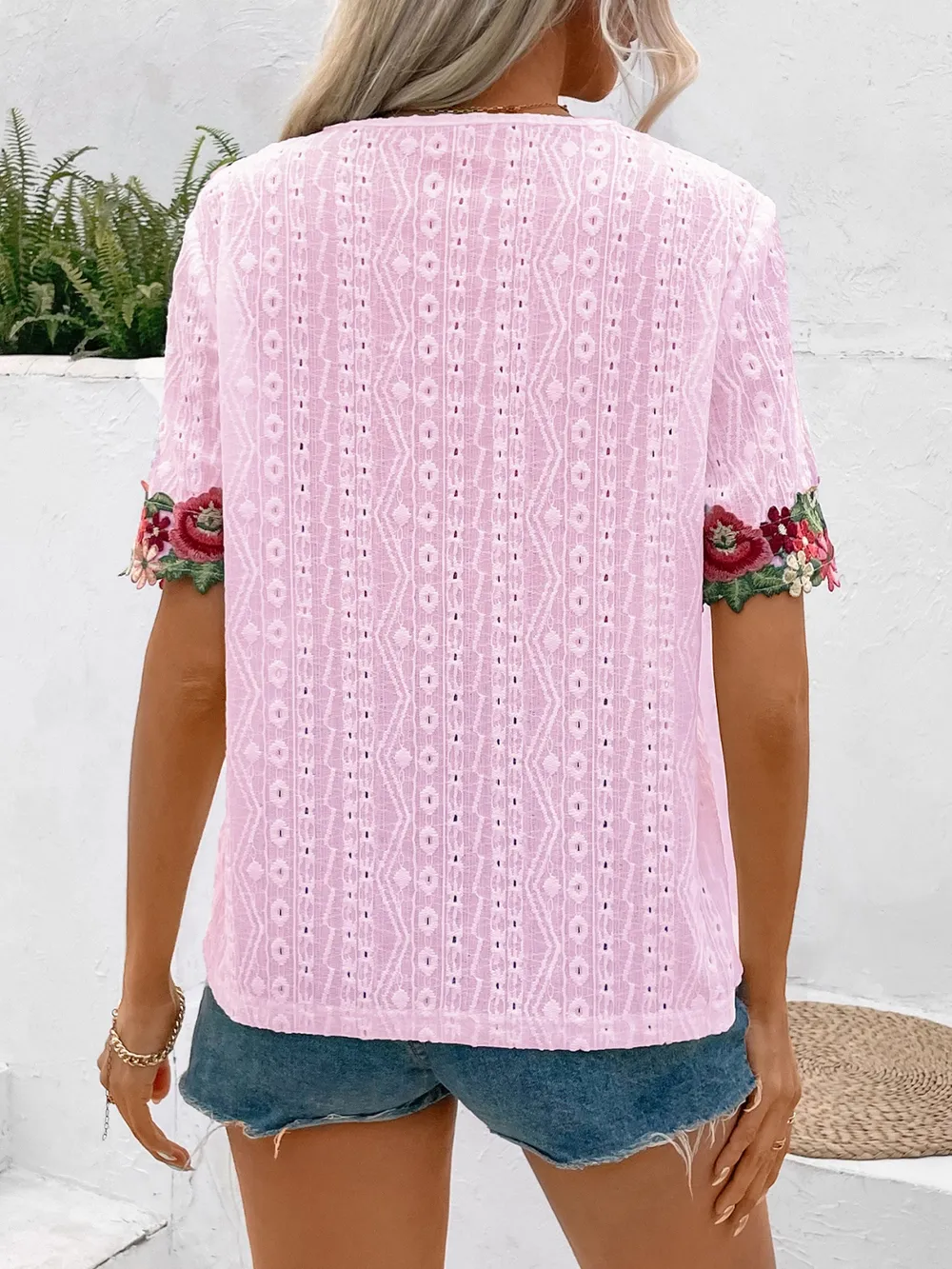 Eyelet Embroidered V-Neck Short Sleeve Blouse, image 3