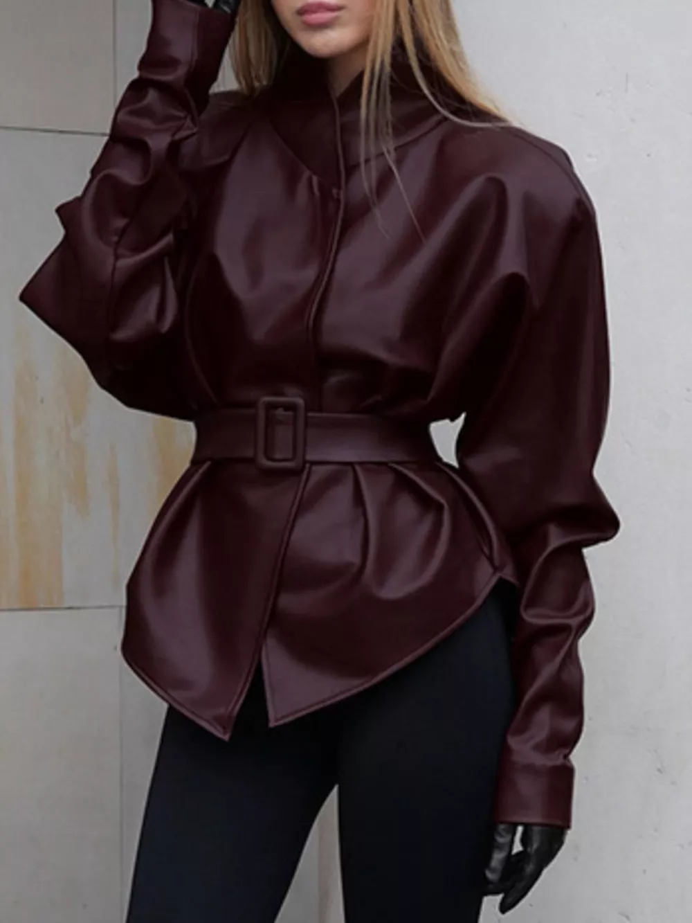 Stand Collar Belted Faux Leather Jacket, image 10