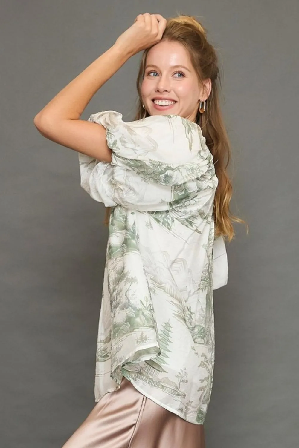 Full Size Two Tone Toile Print Top Plus Size, image 2