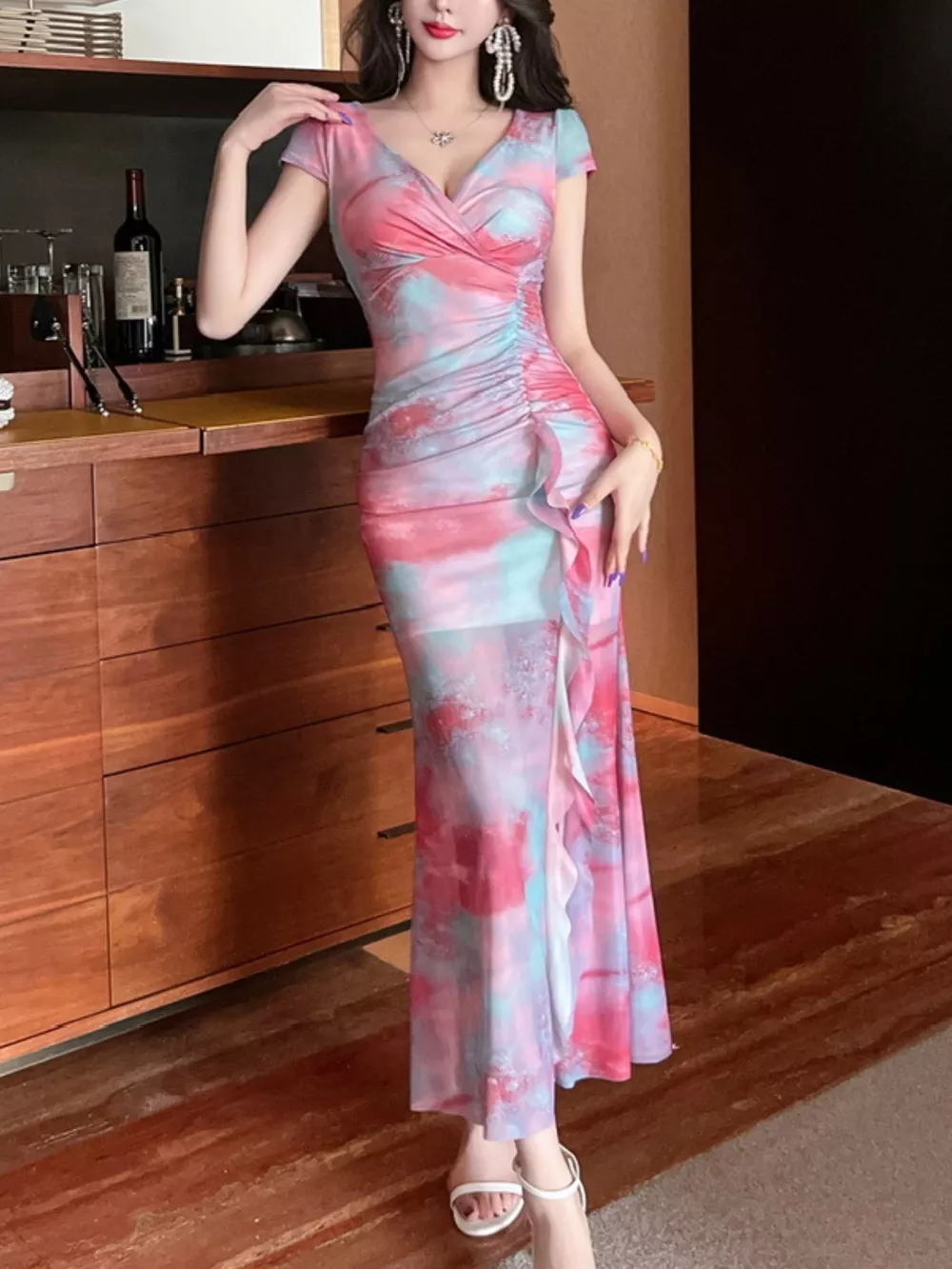 Tie-Dye Surplice Ruffle Slit Dress, image 14
