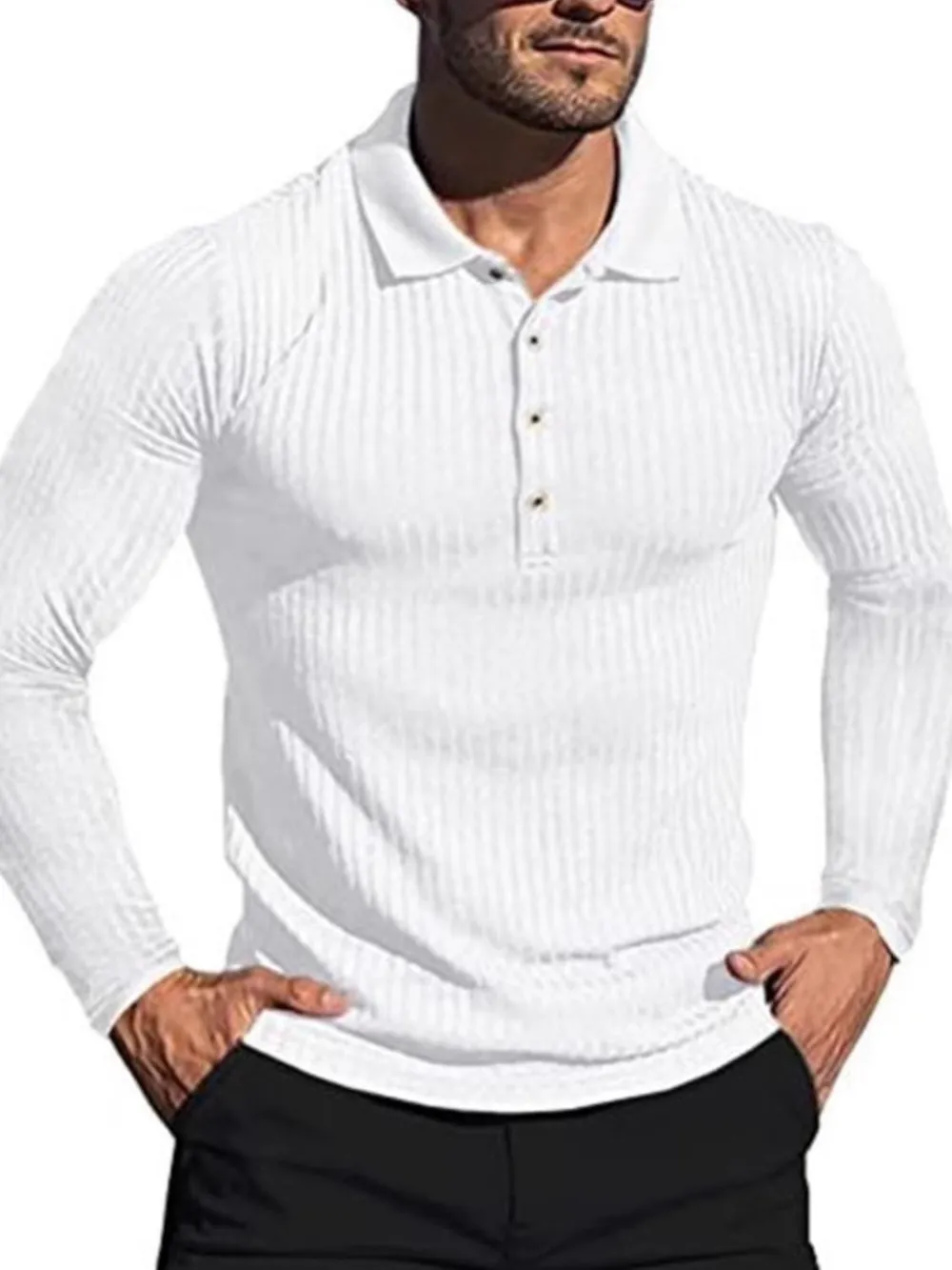 Men's Full Size Button Detail Long Sleeve Polo Plus Size, image 2